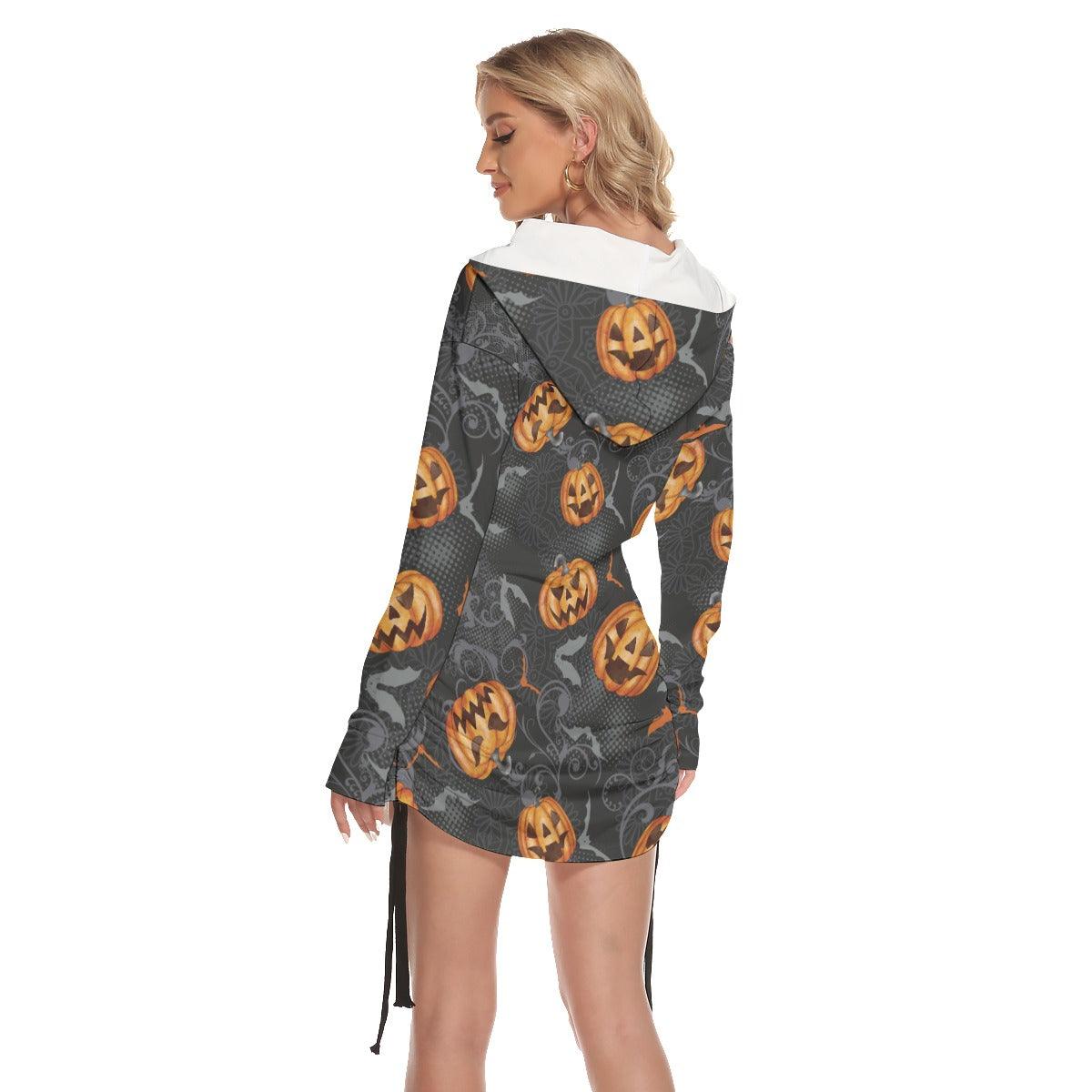 Halloween Bat Pumpkin All Over Print Women One Shoulder Dress With Waist Shirring - Wonder Skull