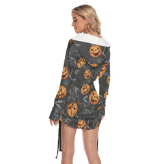 Halloween Bat Pumpkin All Over Print Women One Shoulder Dress With Waist Shirring - Wonder Skull