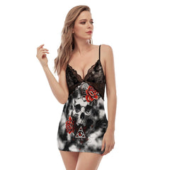 Rose Skull Gothic Women's Back Straps Cami Dress With Lace - Wonder Skull