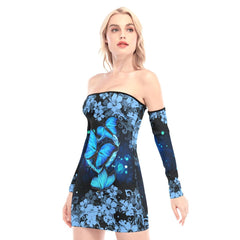 Blue Heart Butterflies Off-shoulder Back Lace-up Dress - Wonder Skull