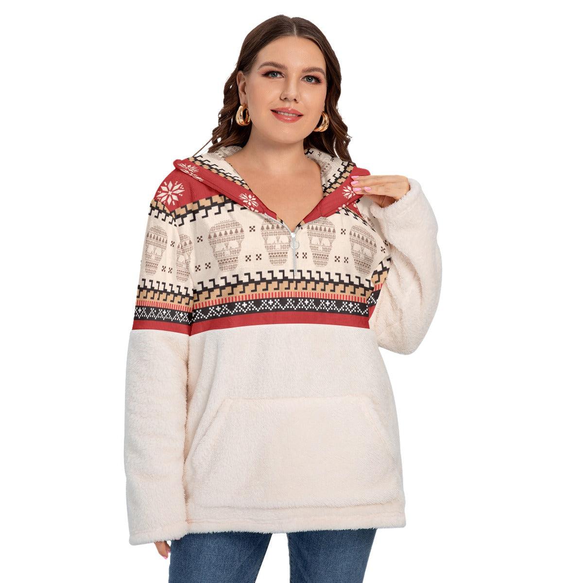 Skull With Snow Flare Borg Fleece Hoodie With Half Zip - Wonder Skull