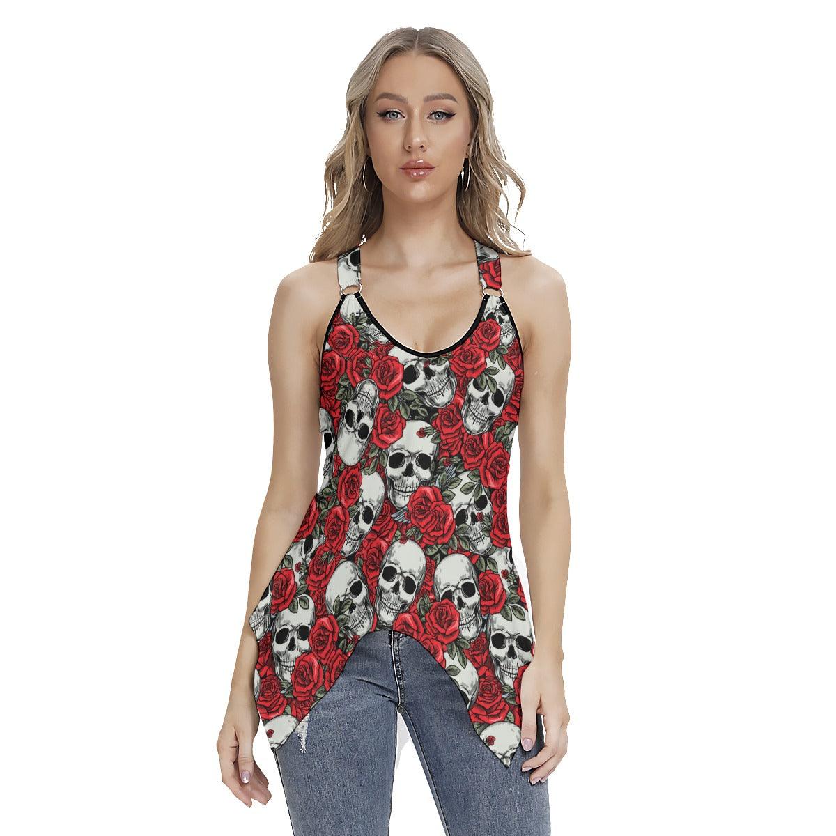 Rose Skull Pattern Gothic Women's Racing Tank Top With Irregular - Wonder Skull