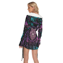 Dark Purple Wolf Chime All Over Print Women One Shoulder Dress With Waist Shirring, Long Hoodie For Women - Wonder Skull