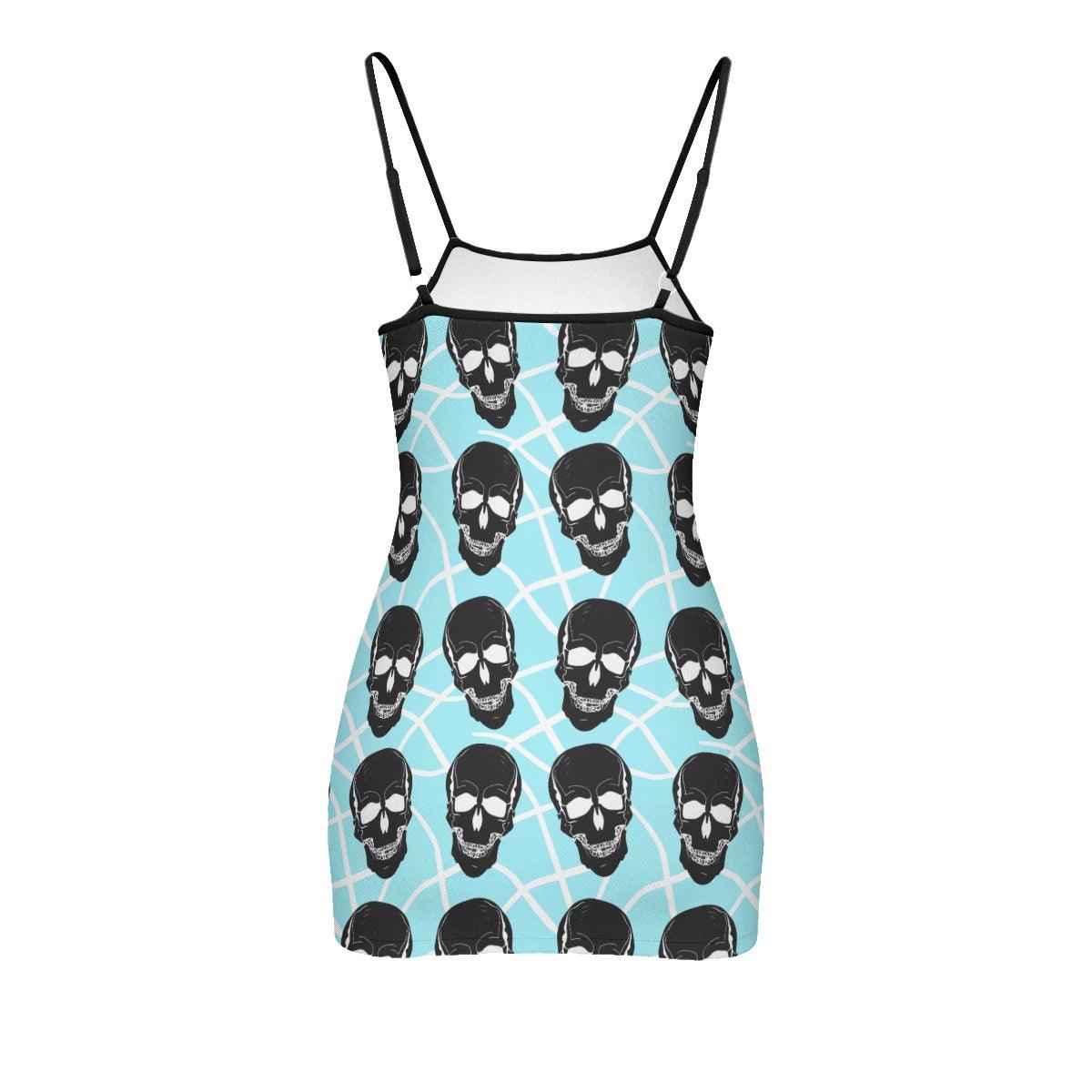 Cyan Skull Lovers Printed Body Dress, Naughty Sleeveless Minidress For Women-Wonder Skull