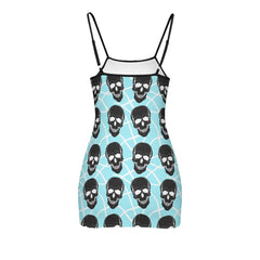 Cyan Skull Lovers Printed Body Dress, Naughty Sleeveless Minidress For Women-Wonder Skull