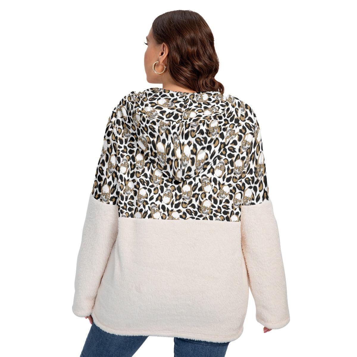Skull Leopard Pattern Borg Fleece Hoodie With Half Zip - Wonder Skull