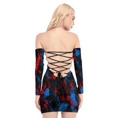 Skull Sugar Red Blue Smoke Off-shoulder Back Lace-up Dress - Wonder Skull