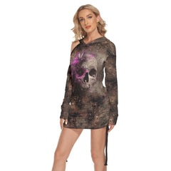 Brown Pink Flower Drawing Skull Print Open Shoulder Dress - Wonder Skull