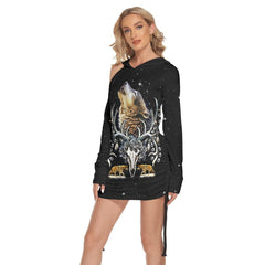 Wolf Skull All Over Print Women One Shoulder Dress With Waist Shirring, Long Hoodie For Women - Wonder Skull