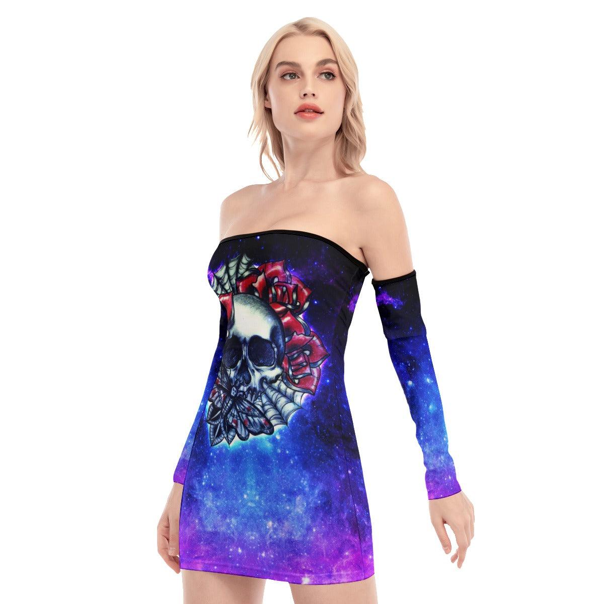 Skull Rose Galaxy Gothic Off-shoulder Back Lace-up Dress - Wonder Skull