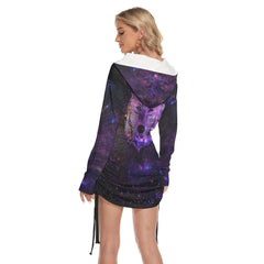 Dark Shadow Wolf All Over Print Women One Shoulder Dress With Waist Shirring, Long Hoodie For Women - Wonder Skull