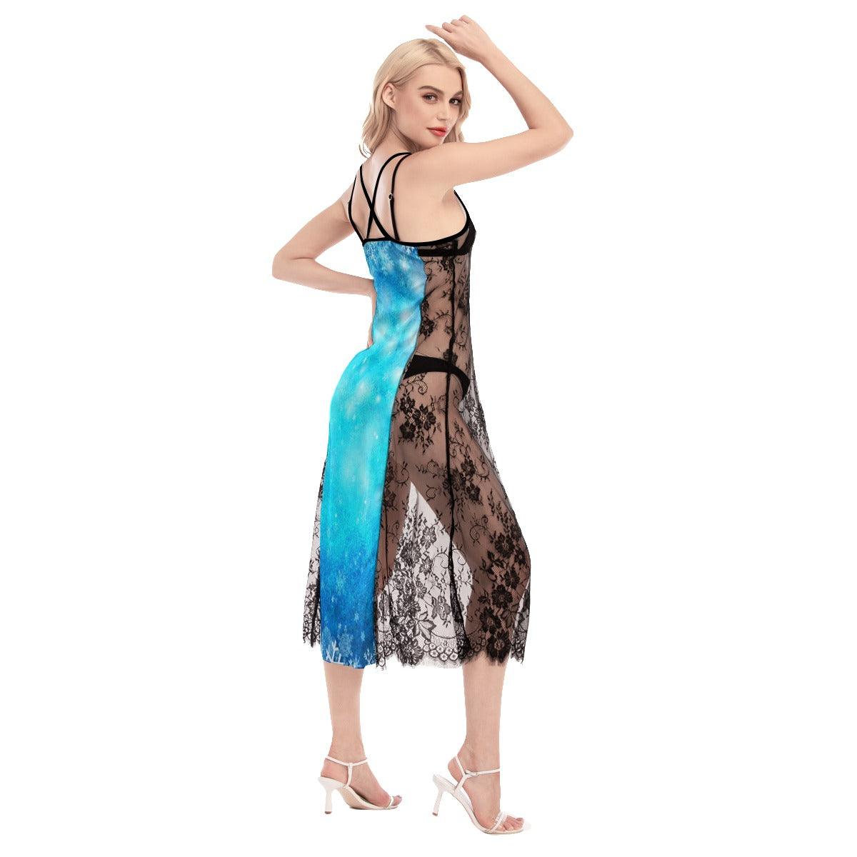 Hot Blue Gothic Skull Butterfly Lace Cami Cross Back Women Dress - Wonder Skull