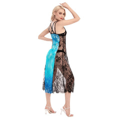 Hot Blue Gothic Skull Butterfly Lace Cami Cross Back Women Dress - Wonder Skull