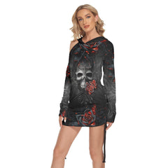 Color Drawing Rose Skull Print Open Shoulder Dress - Wonder Skull