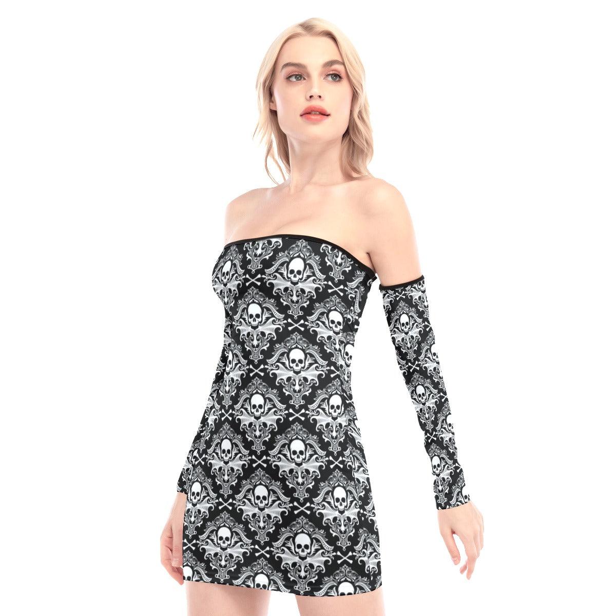 Black Gothic Skull Off-shoulder Back Lace-up Dress - Wonder Skull