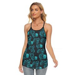 Vintage Blue Gothic Skull Criss-Cross Open Back Tank Top, Trending T-Shirt For Women - Wonder Skull