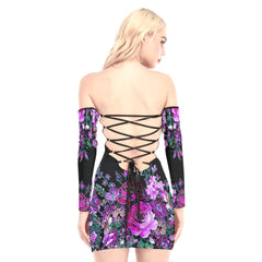 Flowers Pink Butterfly Off-shoulder Back Lace-up Dress - Wonder Skull