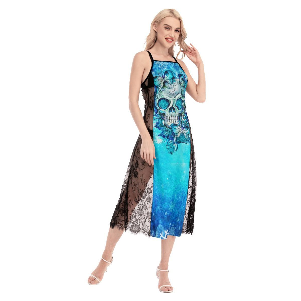 Hot Blue Gothic Skull Butterfly Lace Cami Cross Back Women Dress - Wonder Skull