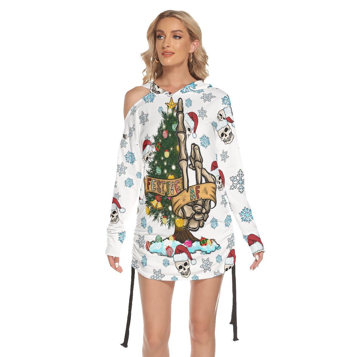 Christmas Skeleton Hand Snowy Print Open Shoulder Dress - Wonder Skull