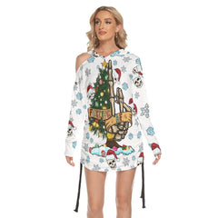 Christmas Skeleton Hand Snowy Print Open Shoulder Dress - Wonder Skull
