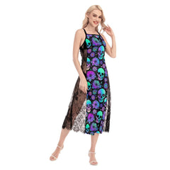 Colorful Gothic Skull Pattern Lace Cami Cross Back Women Dress - Wonder Skull