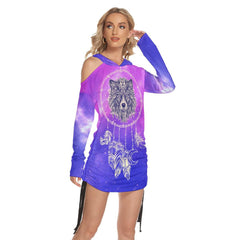 Gradient Wolf Chime All Over Print Women One Shoulder Dress With Waist Shirring, Long Hoodie For Women - Women Skull