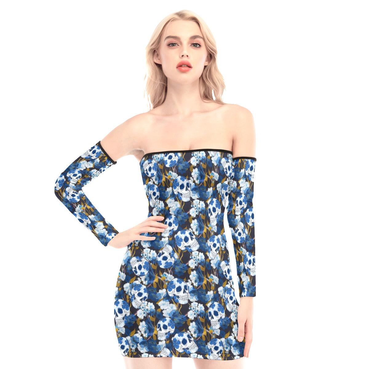 Blue Flower Skull Off-shoulder Back Lace-up Dress - Wonder Skull