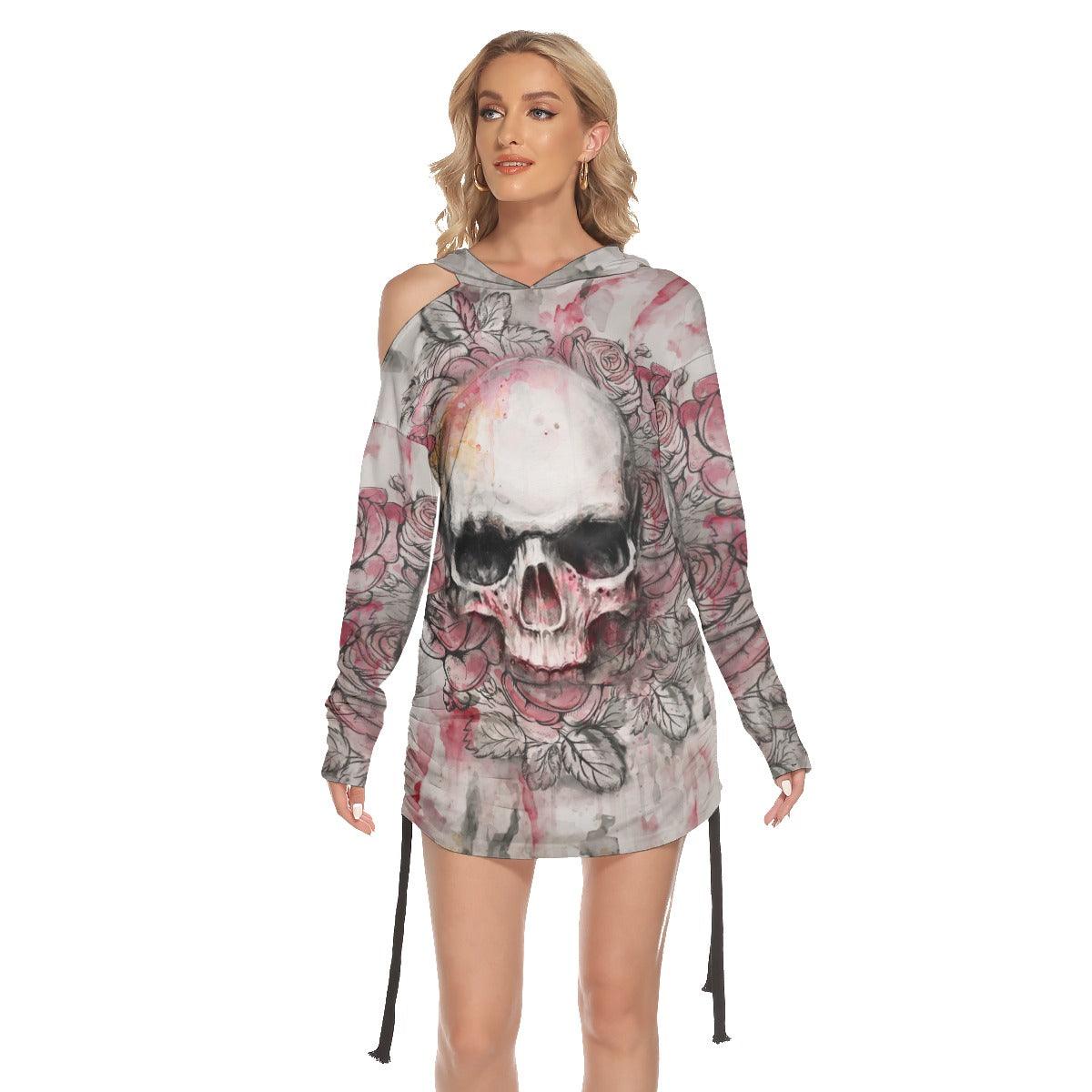 Black Pink Color Drawing Skull Print Open Shoulder Dress - Wonder Skull