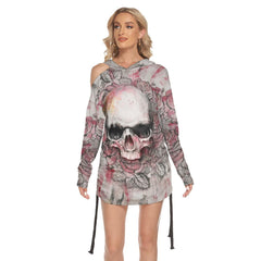 Black Pink Color Drawing Skull Print Open Shoulder Dress - Wonder Skull
