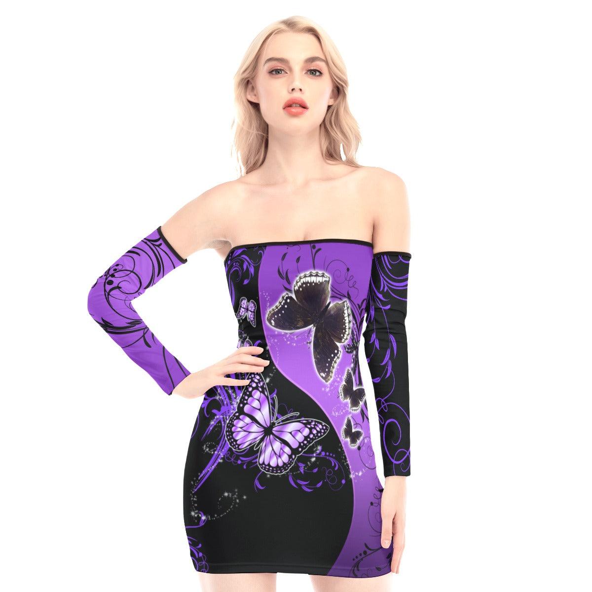 Lavender Butterflies Off-shoulder Back Lace-up Dress - Wonder Skull