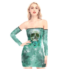 Green Melting Skull Off-shoulder Back Lace-up Dress - Wonder Skull