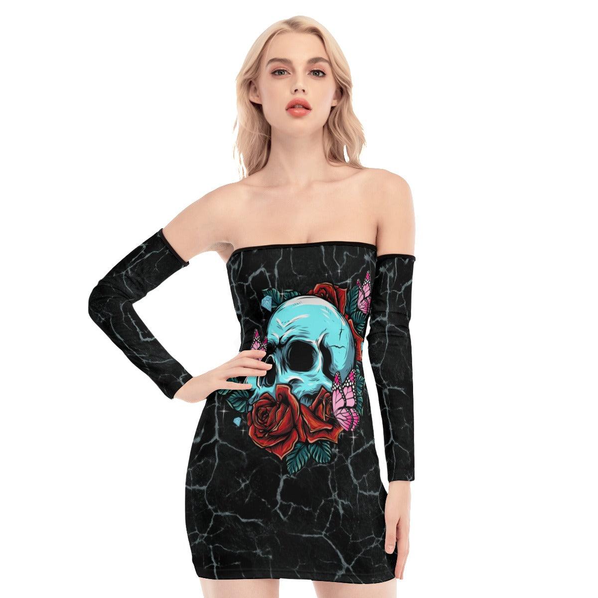 Skull Rose Crack Off-shoulder Back Lace-up Dress - Wonder Skull