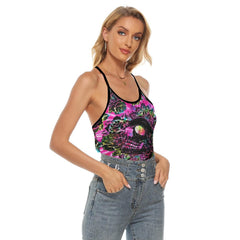 Rainbow Skull Rose Criss-Cross Open Back Tank Top, Trending T-Shirt For Women - Wonder Skull