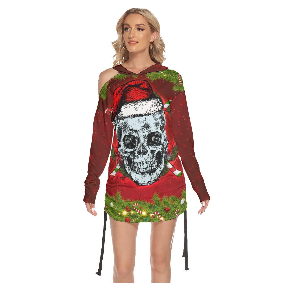 Skull Santa Print Open Shoulder Dress-Wonder Skull