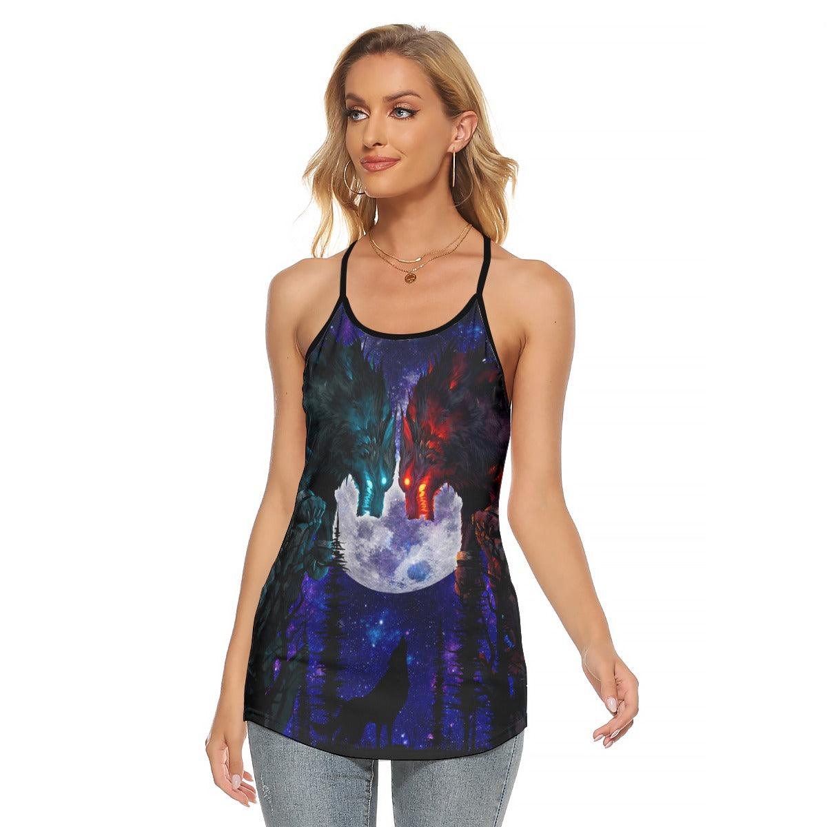 Wolves Fighter Criss-Cross Open Back Tank Top, Hot T-Shirt For Women - Wonder Skull