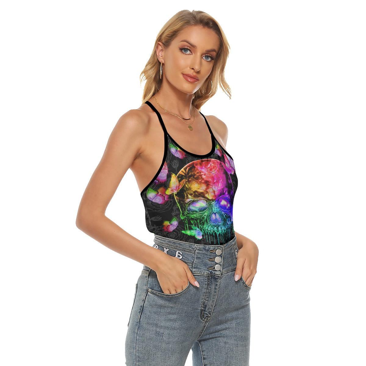 Skull Butterfly Neon Rainbow Criss-Cross Open Back Tank Top - Wonder Skull
