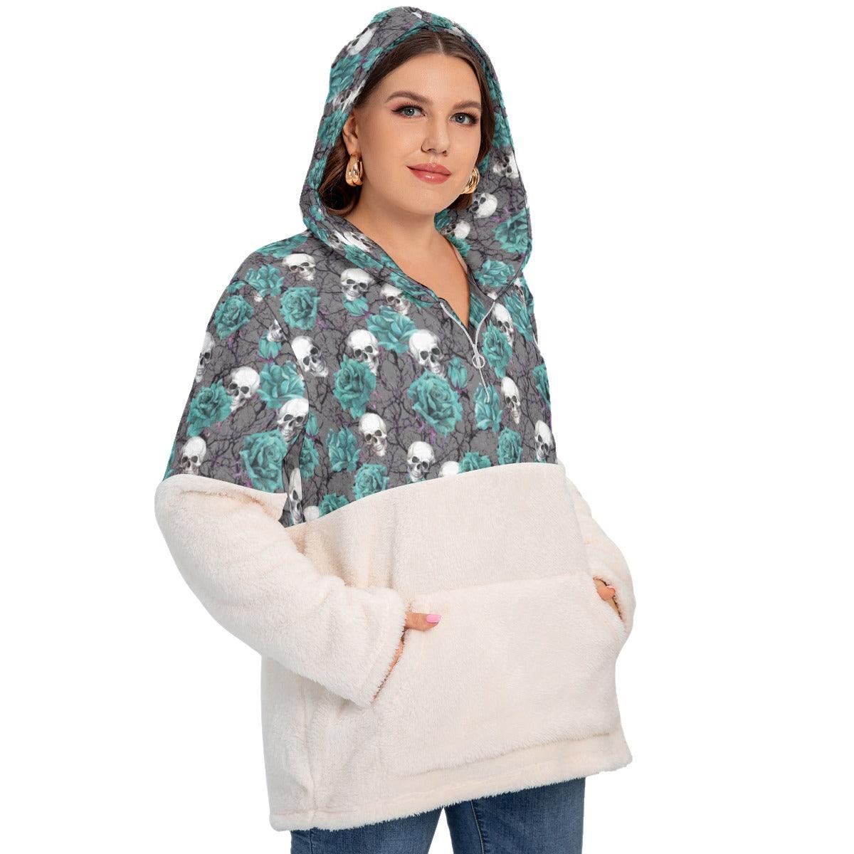 Green Skull With Rose Borg Fleece Hoodie With Half Zip - Wonder Skull