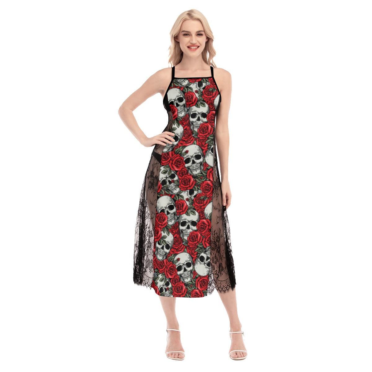 Hot Gothic Skull Rose Pattern Lace Cami Cross Back Women Dress - Wonder Skull
