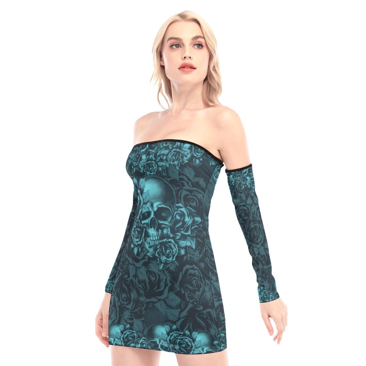 Marble Blue Gothic Skull Off-shoulder Back Lace-up Dress - Wonder Skull