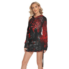 Cat Gothic All Over Print Women One Shoulder Dress With Waist Shirring, Long Hoodie For Women - Wonder Skull