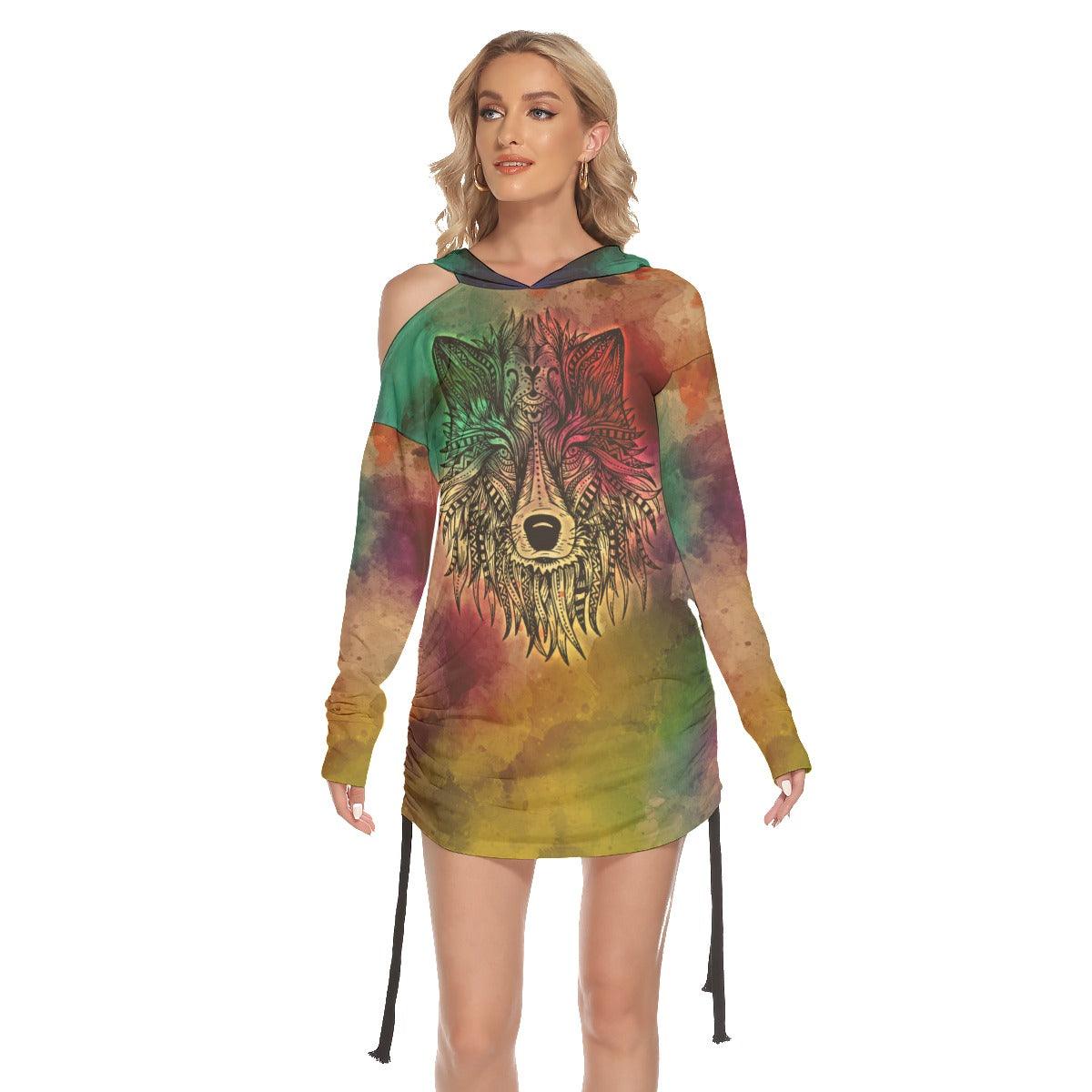 Vintage Wolf All Over Print Women One Shoulder Dress With Waist Shirring, Long Hoodie For Women - Wonder Skull