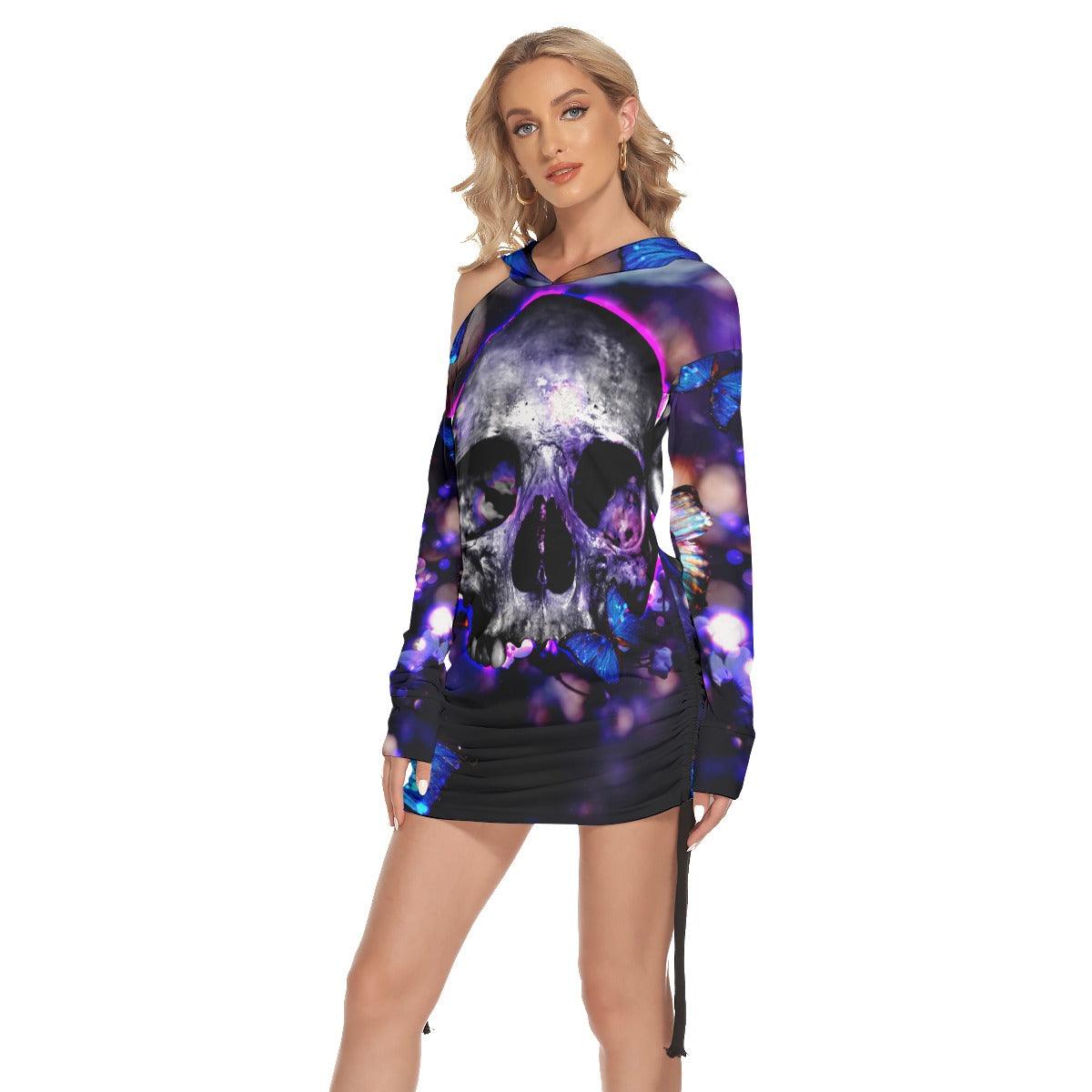Sexy Violet Skull Butterfly Print Open Shoulder Dress- Wonder Skull