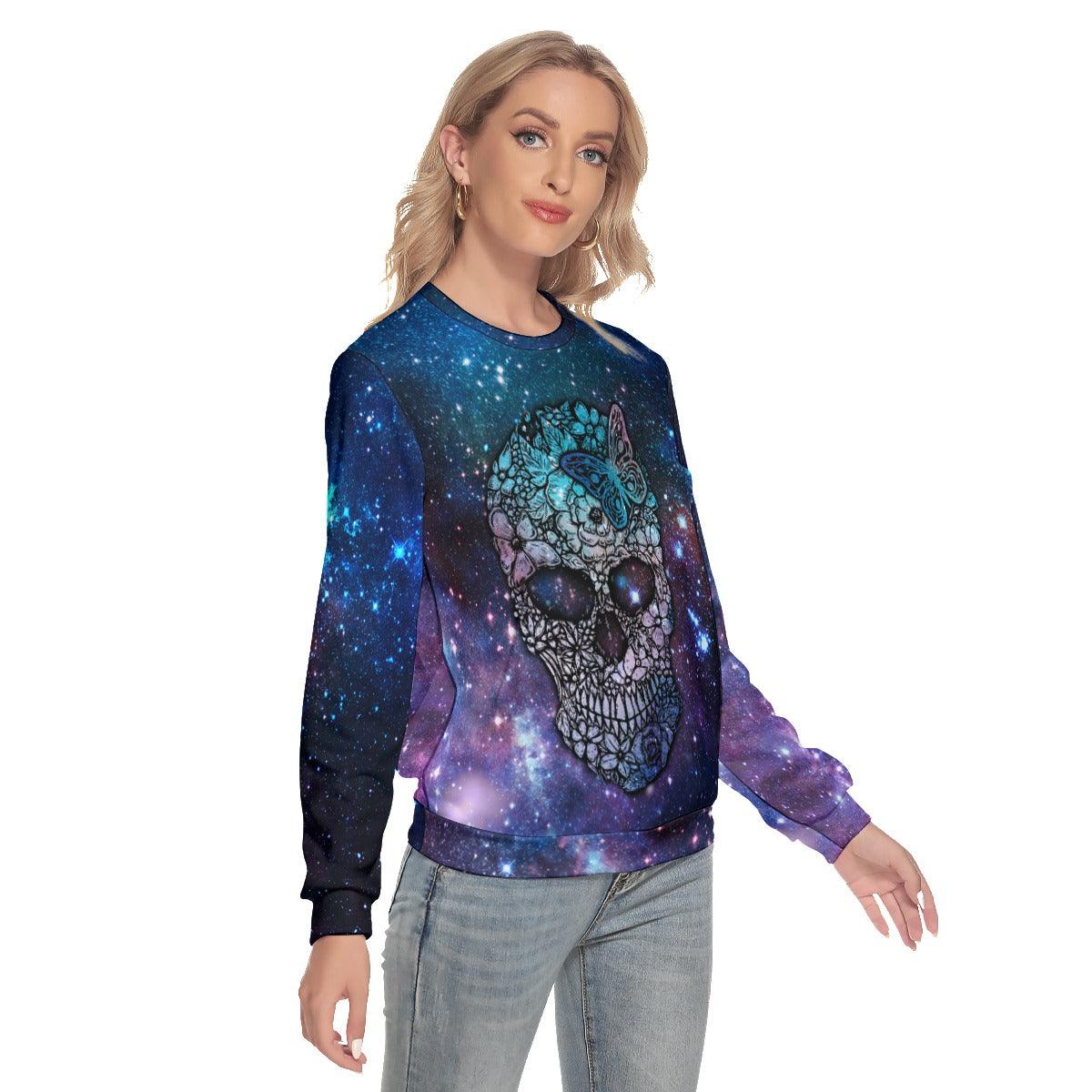 Galaxy Butterfly Skull Slim Round Neck Sweatshirt - Wonder Skull