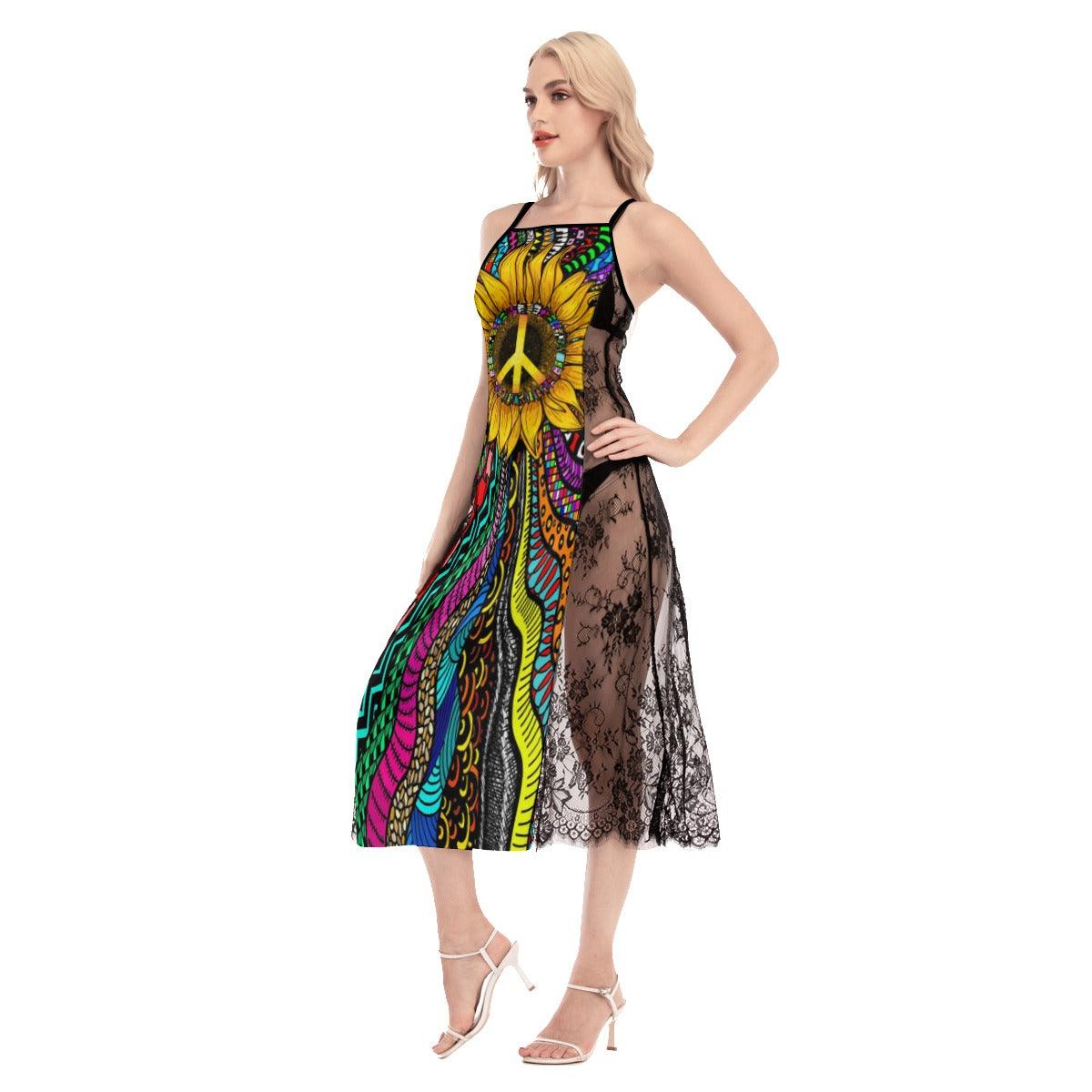 Hot Sunflower Peace love Lace Cami Cross Back Women Dress - Wonder Skull