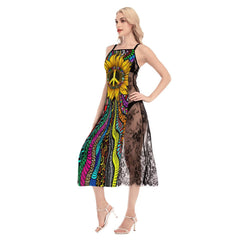 Hot Sunflower Peace love Lace Cami Cross Back Women Dress - Wonder Skull