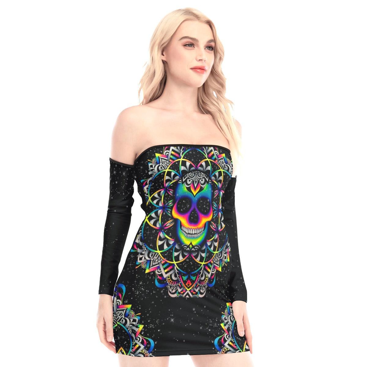 Colorful Mandala Skull Off-shoulder Back Lace-up Dress - Wonder Skull