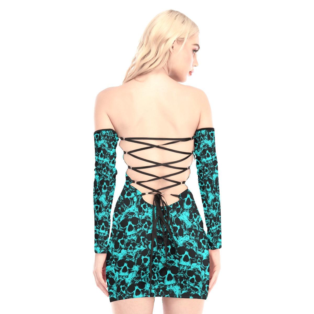 Cyan Chaotic Skull Off-shoulder Back Lace-up Dress - Wonder Skull