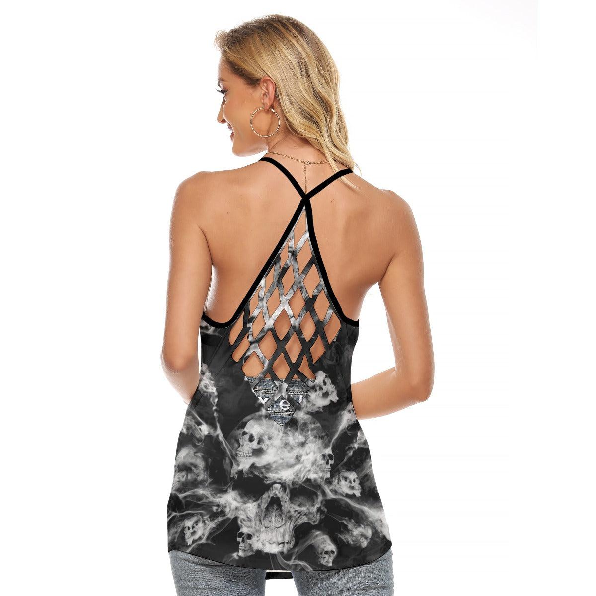 B&W Smoke Soul Skull Criss-Cross Open Back Tank Top, Coolest T-Shirt For Women - Wonder Skull