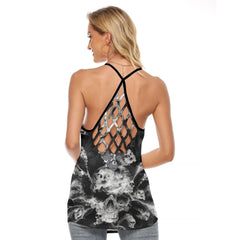 B&W Smoke Soul Skull Criss-Cross Open Back Tank Top, Coolest T-Shirt For Women - Wonder Skull