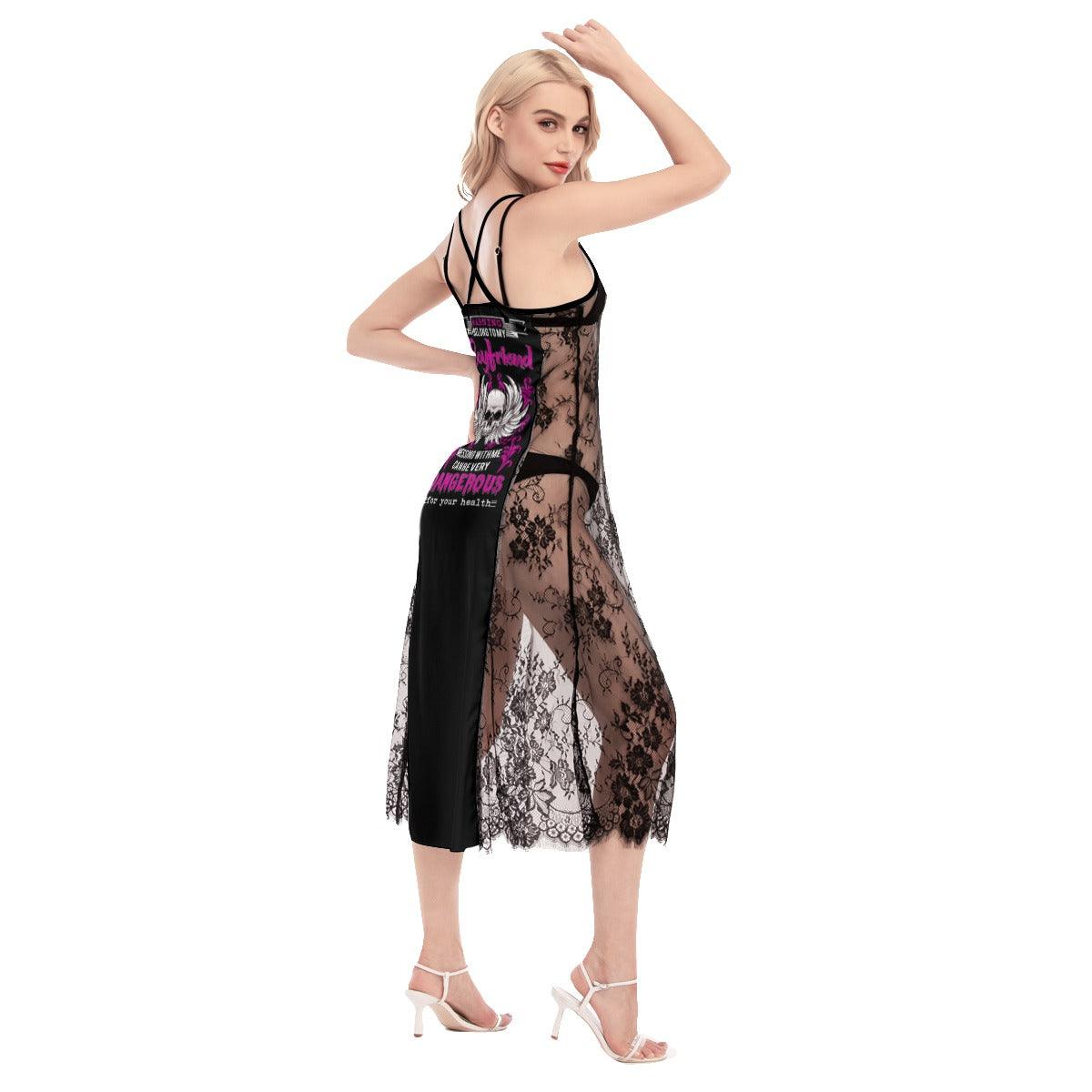 I Belong To My Boyfriend Skull Lace Cami Cross Back Women Dress - Wonder Skull